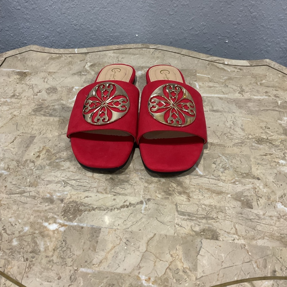 Red Slide Sandals with Gold Accents